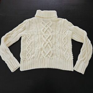 Lands' End Women Turtleneck Sweater S 6-8 Cream Drifter Cable Knit 100% Cotton